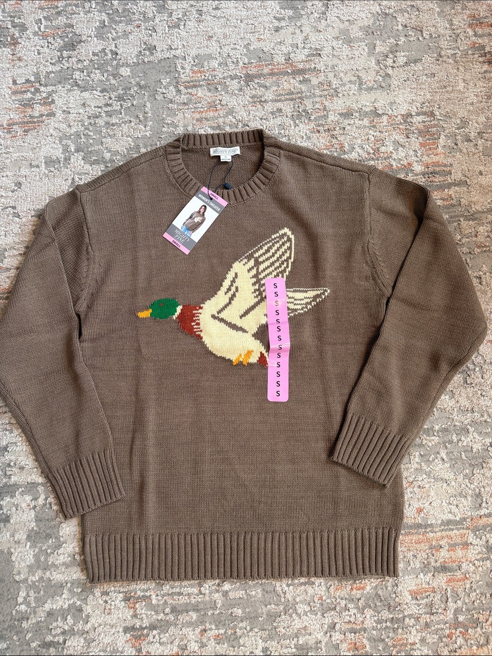Mighty Fine Brown Crewneck Sweater mallard duck small new